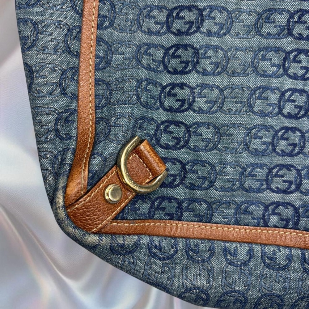 Gucci Denim Logo Tote with Brown Leather Trim - Picture 2 of 9